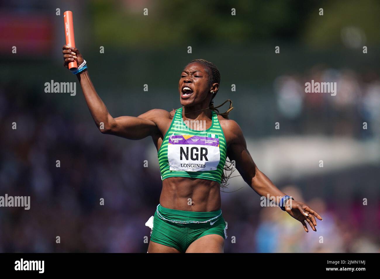 Nigeria's Nzubechi Grace Nwokocha crosses the line to win gold ahead of England's Daryll Neita who took silver in the Women's 4 x 100m at Alexander Stadium on day ten of the 2022 Commonwealth Games in Birmingham. Picture date: Sunday August 7, 2022. Stock Photo