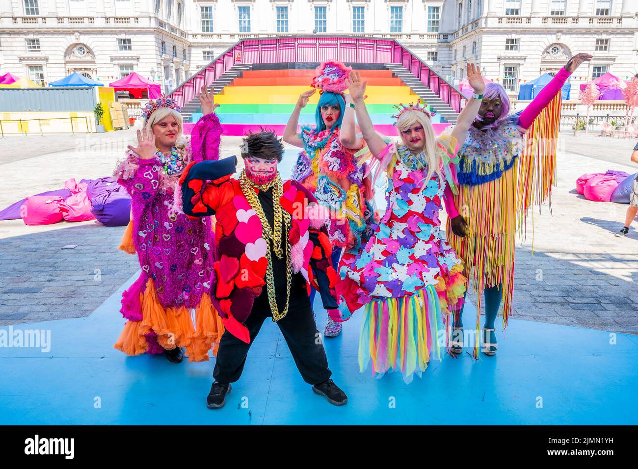 London, UK. 7th Aug, 2022. Internationally acclaimed drag collective Drag Syndrome take to the stage ahead of their day-to-night Sunday Street Party at Somerset House. It is part of This Bright Land, a new cultural festival created in collaboration with Gareth Pugh and Carson McColl, which runs until 29 August 2022. Credit: Guy Bell/Alamy Live News Stock Photo