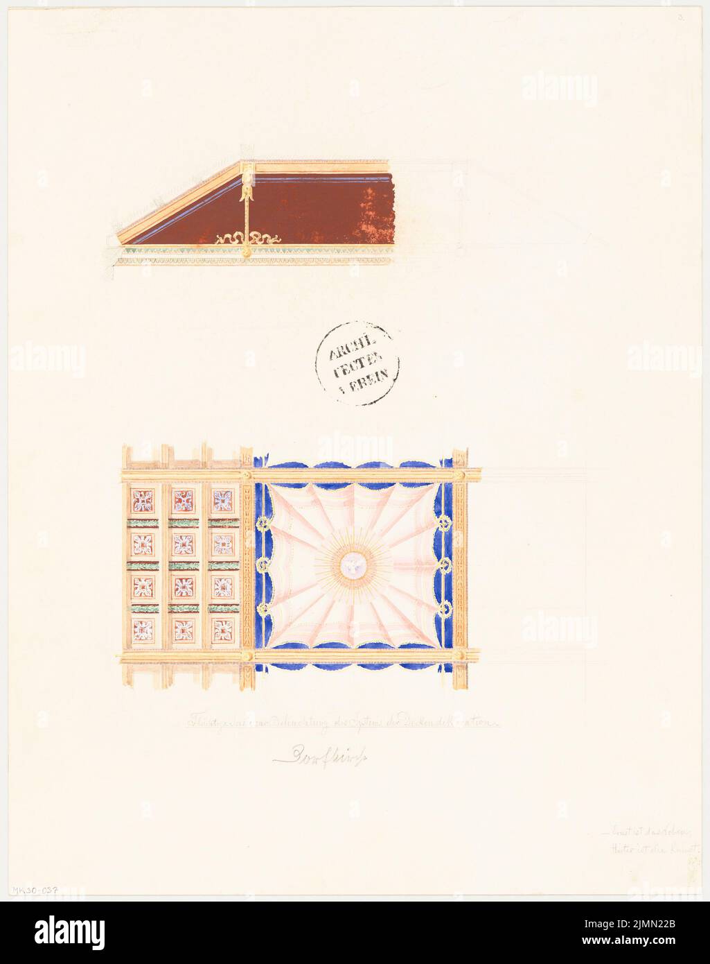 Unknown architect, village church. Monthly competition May 1863 (05.1863): 2 excerpts from the ceiling decoration. Pencil watercolor on the box, 36.2 x 28.6 cm (including scan edges) Stock Photo