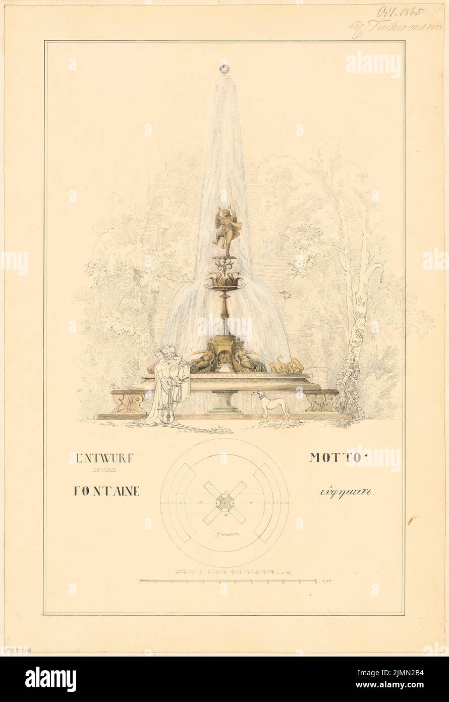 Tuckermann Wilhelm (1840-1918), fountain in a garden. Monthly competition October 1865 (10.1865): floor plan, tearing; 2 scale strips. Tusche watercolor on the box, 52.7 x 36.1 cm (including scan edges) Stock Photo