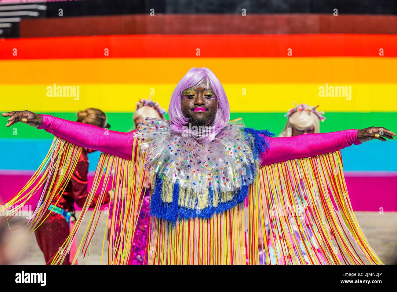 London, UK. 7th Aug, 2022. Internationally acclaimed drag collective Drag Syndrome take to the stage ahead of their day-to-night Sunday Street Party at Somerset House. It is part of This Bright Land, a new cultural festival created in collaboration with Gareth Pugh and Carson McColl, which runs until 29 August 2022. Credit: Guy Bell/Alamy Live News Stock Photo