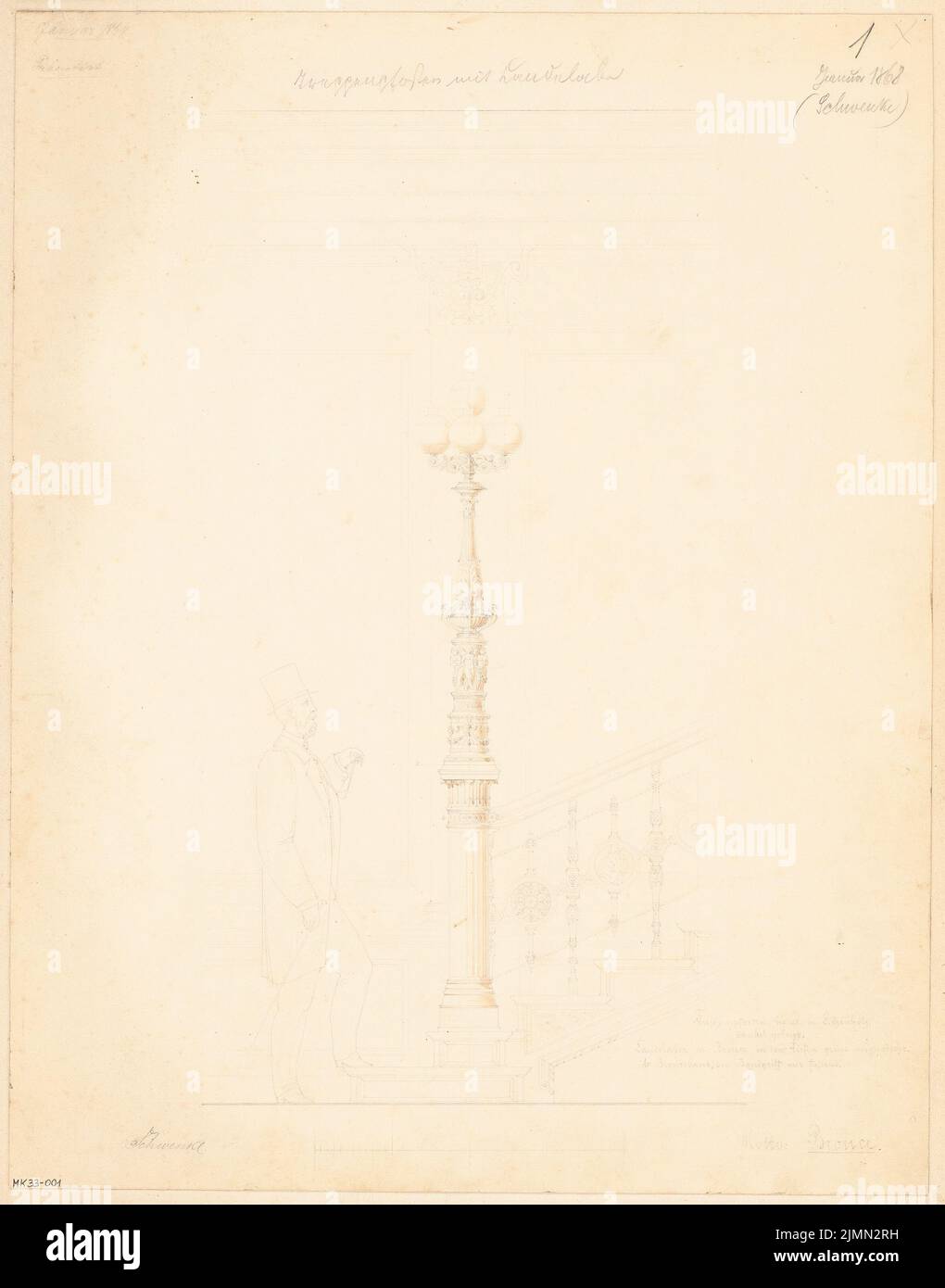 Schwenke Friedrich (born 1840), stair post with candelaber. Monthly competition in January 1868 (01.1868): Riss side view; Scale bar. Pencil watercolor on the box, 46.1 x 36.2 cm (including scan edges) Stock Photo