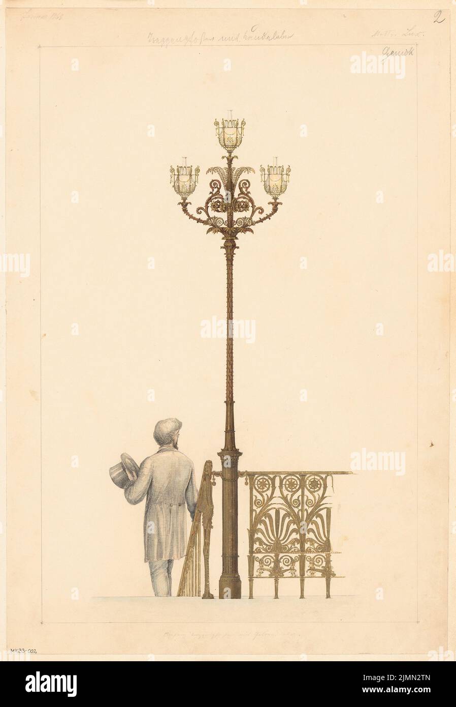 Genick Albrecht (born 1837), stair post with candelaber. Monthly competition January 1868 (01.1868): View. Pencil watercolor on the box, 55.1 x 38.1 cm (including scan edges) Stock Photo