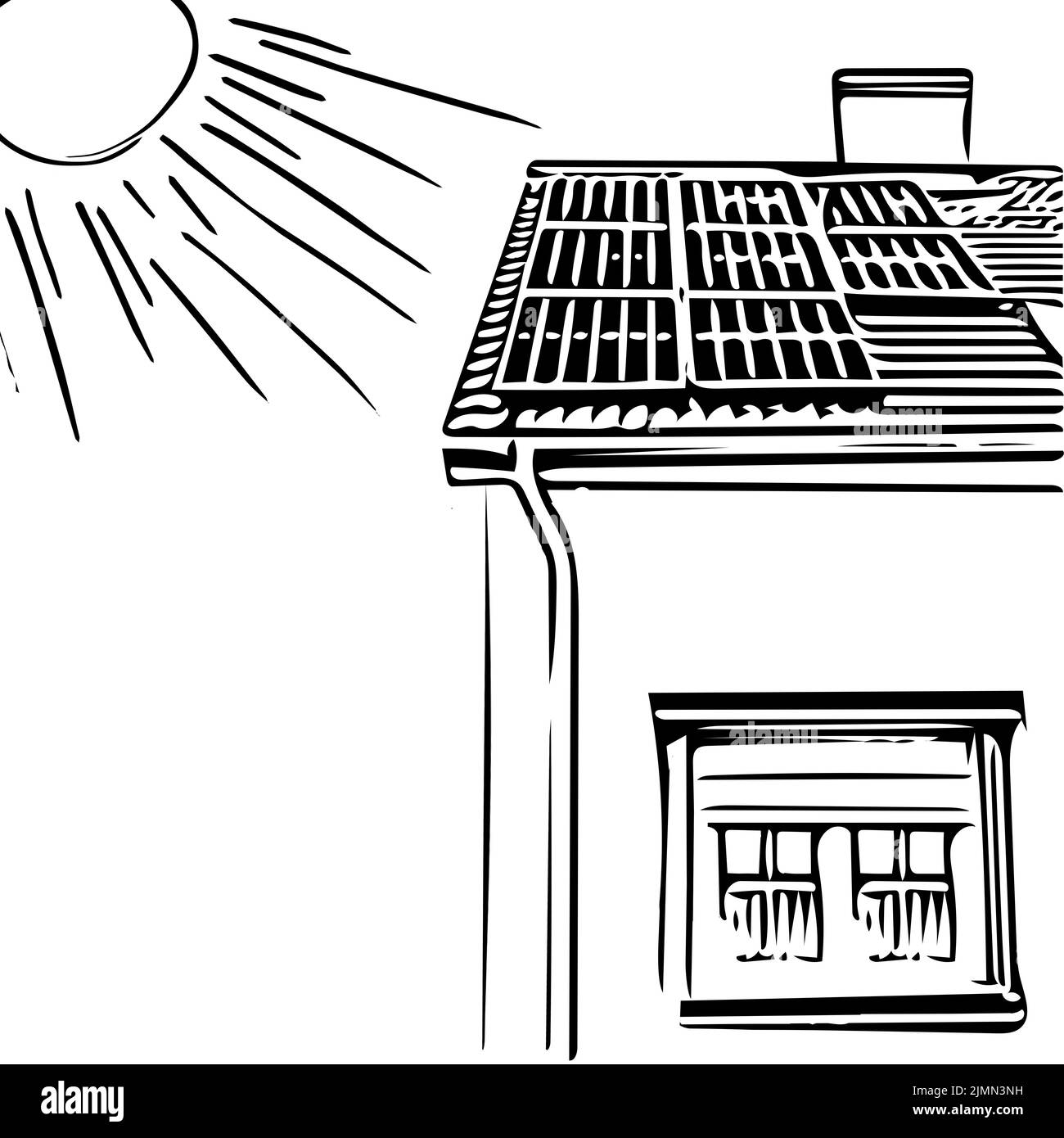 Solar panels on the roof of the house, solar. Simple drawing. Minimalist drawing of a house with solar panels. Stock Photo