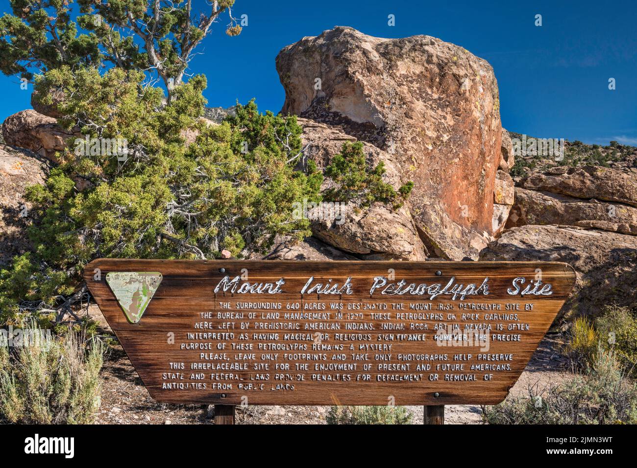 Information board at Mt Irish Petroglyph Site, Mt Irish Archaeological District, Western Locus, Basin and Range National Monument, Nevada, USA Stock Photo