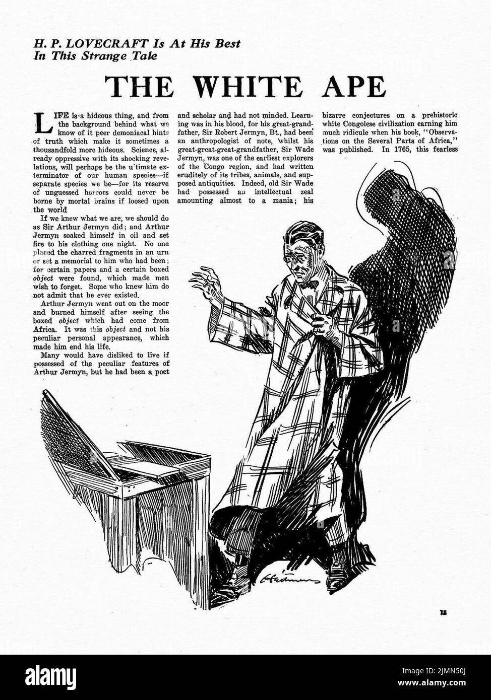 The White Ape (1921) by H. P. Lovecraft. Illustration by William Fred Heitman from Weird Tales, April 1924 Stock Photo