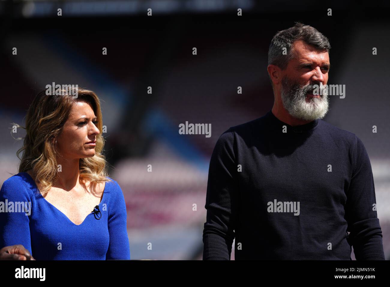 Pundits Karen Carney and Roy Keane ahead of the Premier League match at London Stadium. Picture date: Sunday August 7, 2022. Stock Photo