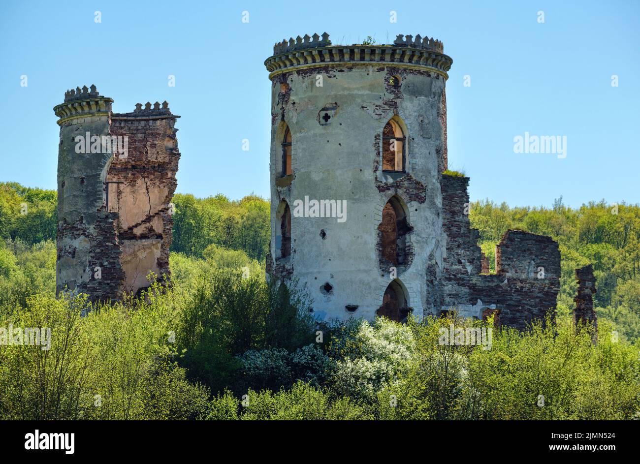 Abandoned ruins of Chervonohorod Castle in Nyrkiv village (former Chervonohorod or Red town), Ternopil region, Ukraine. Stock Photo