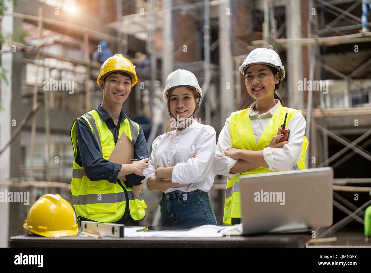 Portrait group of asian engineers and architect working on site Stock