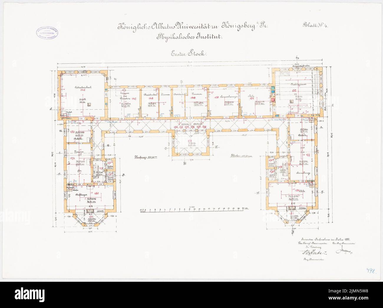 Kuttig Wilhelm, Physical Institute of the Albertus University Königsberg (1887): floor plan 1st floor 1: 100. Lithograph, 58.3 x 79.3 cm (including scan edges) Stock Photo