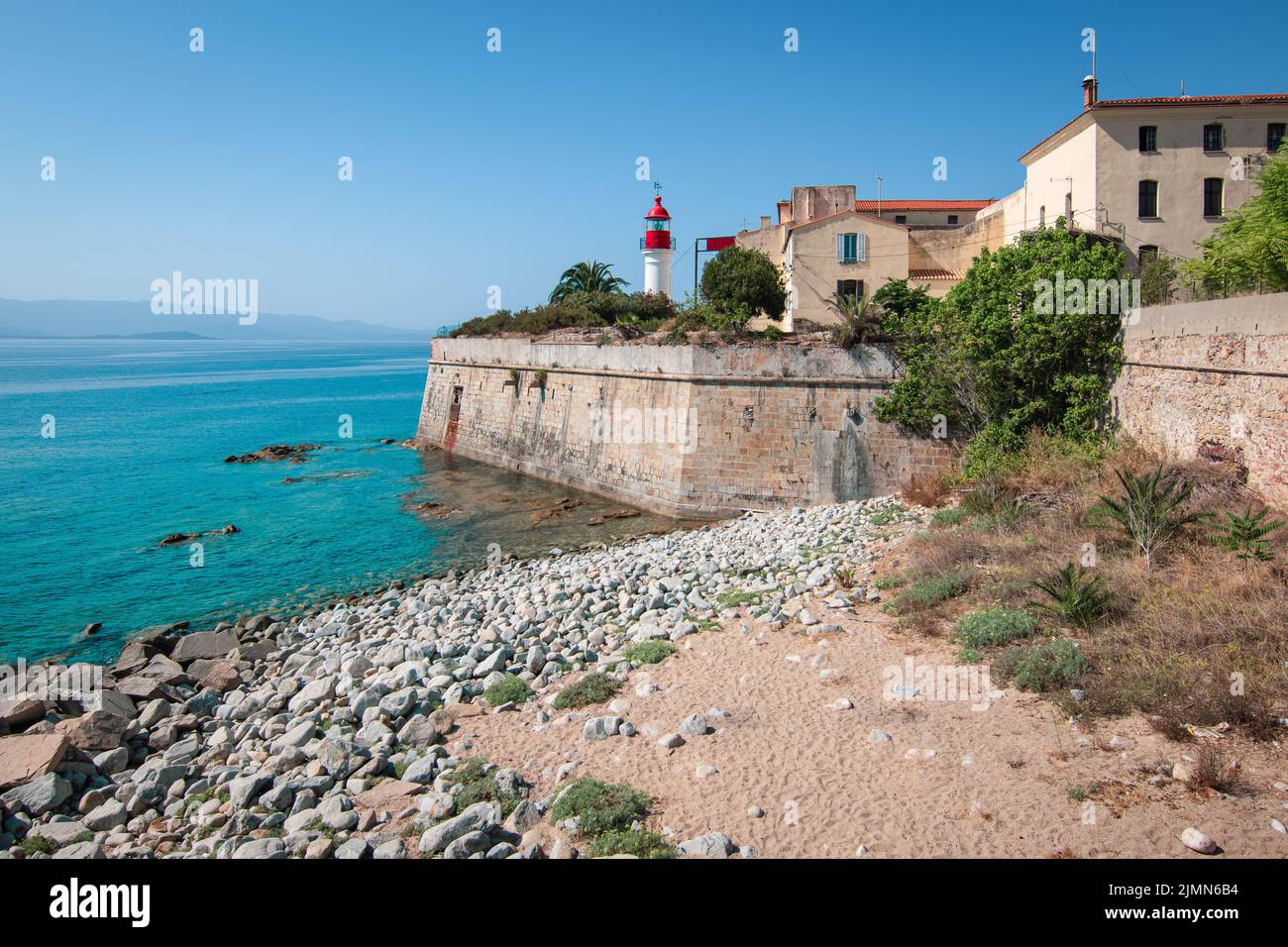 Ajaccio citadel with lighthouse from the pier at the harbor, Corsica Island. Stock Photo