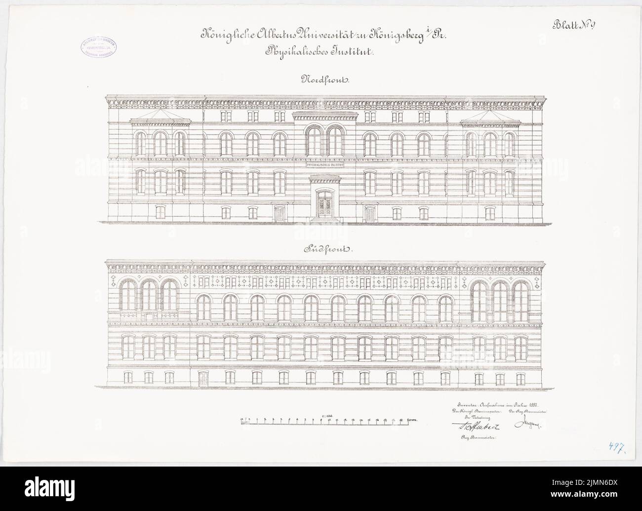 Kuttig Wilhelm, Physical Institute of the Albertus University Königsberg (1887): S-, N view 1: 100. Lithograph, 58.7 x 80.8 cm (including scan edges) Stock Photo