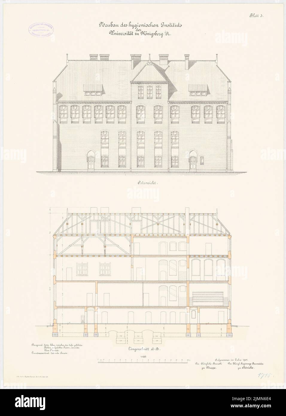 Unknown architect, hygienic institute of the Albertus University Königsberg (1901): Long-distance cut, O-view 1: 100. Lithograph, 69 x 50.8 cm (including scan edges) Stock Photo
