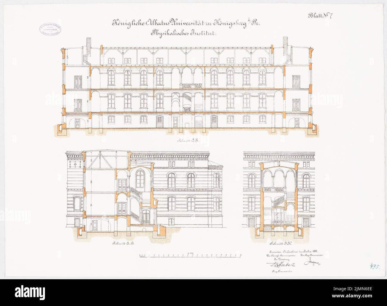 Kuttig Wilhelm, Physical Institute of the Albertus University Königsberg (1887): longitudinal section, cross-sections 1: 100. Lithograph, 58.6 x 81 cm (including scan edges) Stock Photo