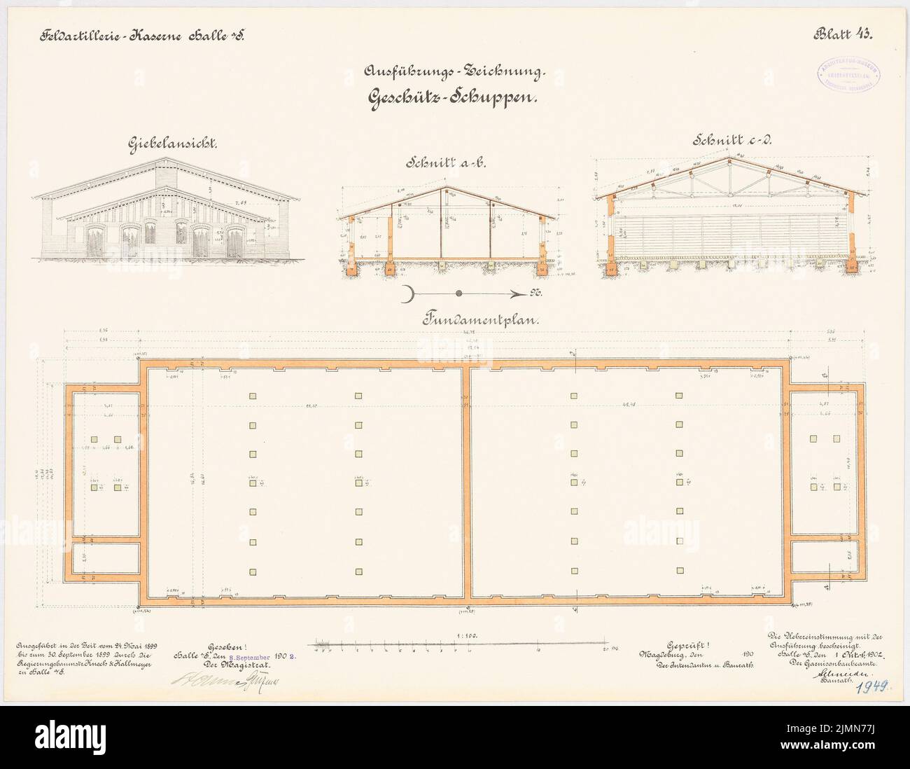 Knoch & Kallmeyer, field artillery barracks in Halle/Saale (1899-1902): gun shed: floor plan foundations, tort gable view, cross-sections 1: 100. Lithograph, 50.5 x 65.1 cm (including scan edges) Stock Photo