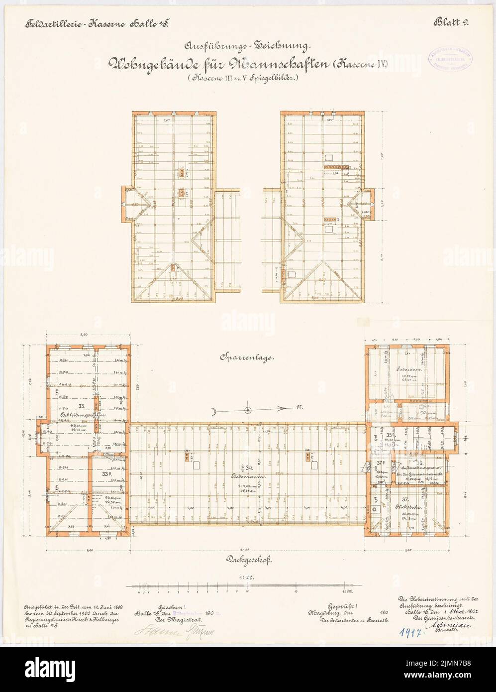 Knoch & Kallmeyer, field artillery barracks in Halle/Saale (1899-1902): Housing for teams - barracks III, VI and V: floor plan 2nd floor, rafters 1: 100. Lithograph, 65.7 x 50.4 cm (including scan edges) Stock Photo