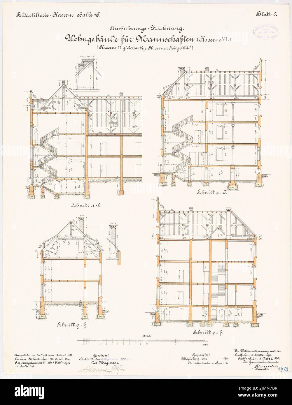 Knoch & Kallmeyer, field artillery barracks in Halle/Saale (1899-1902): Residential construction for teams - barracks I, II and VI: longitudinal section, cross sections 1: 100. Lithograph, 65.8 x 50.7 cm (including scan edges) Stock Photo