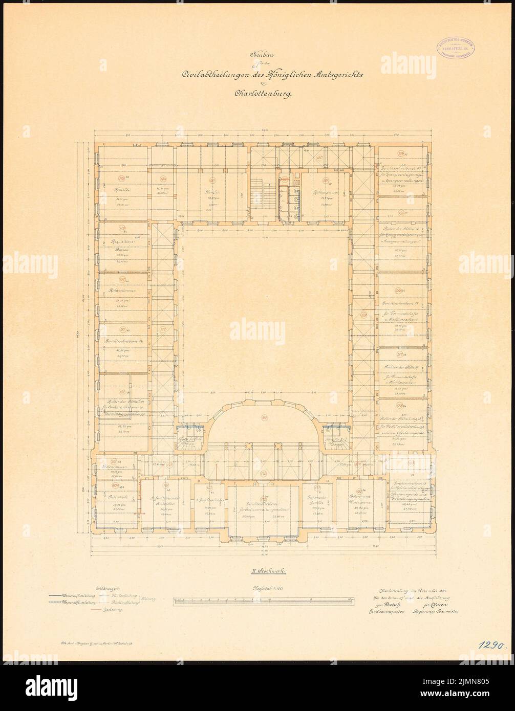 Poetsch Otto (1848-1915), District Court Berlin-Charlottenburg. Civil departments (1895-1897): floor plan 2nd floor 1: 100. Lithograph, 78.6 x 60.8 cm (including scan edges) Stock Photo