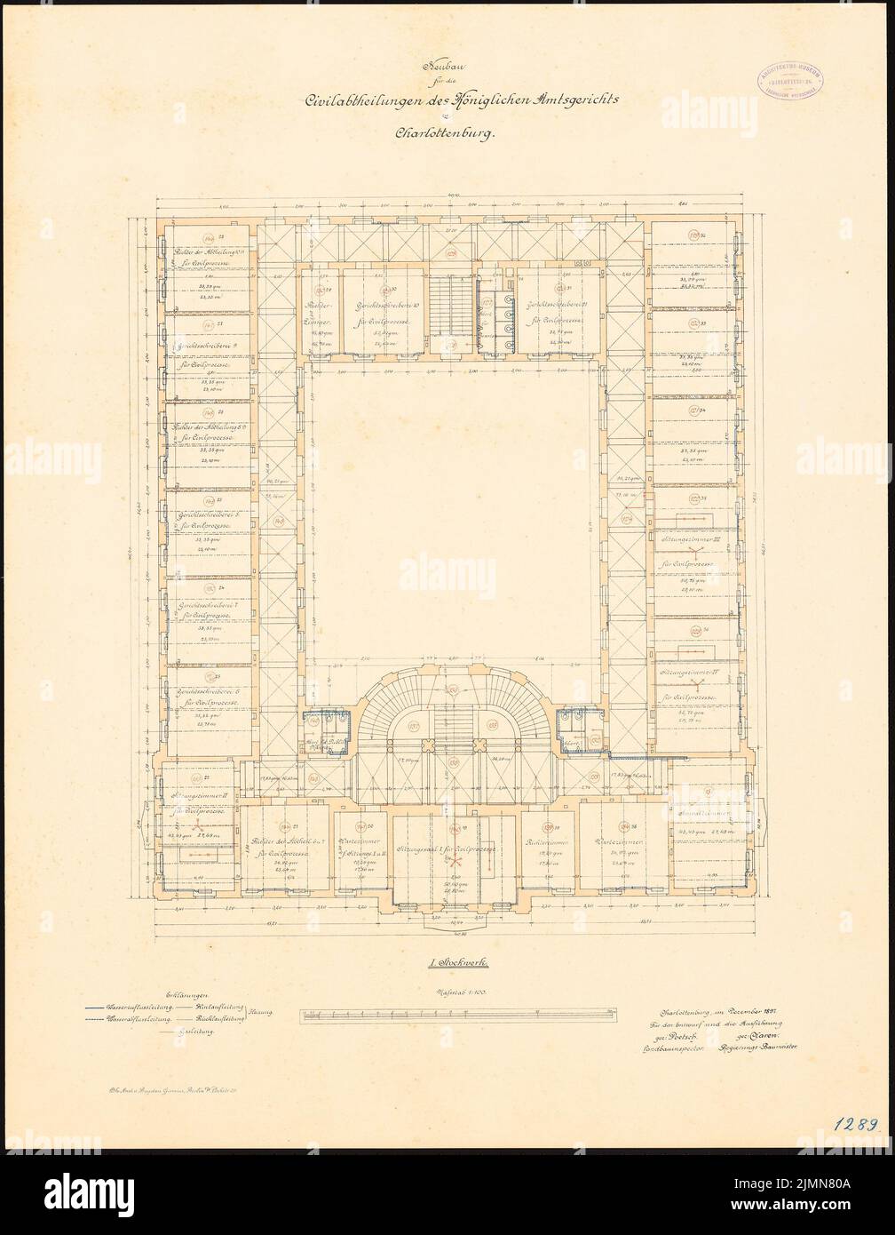 Poetsch Otto (1848-1915), District Court Berlin-Charlottenburg. Civil departments (1895-1897): floor plan 1: upper floor 1: 100. Lithograph, 78.4 x 60.8 cm (including scan edges) Stock Photo