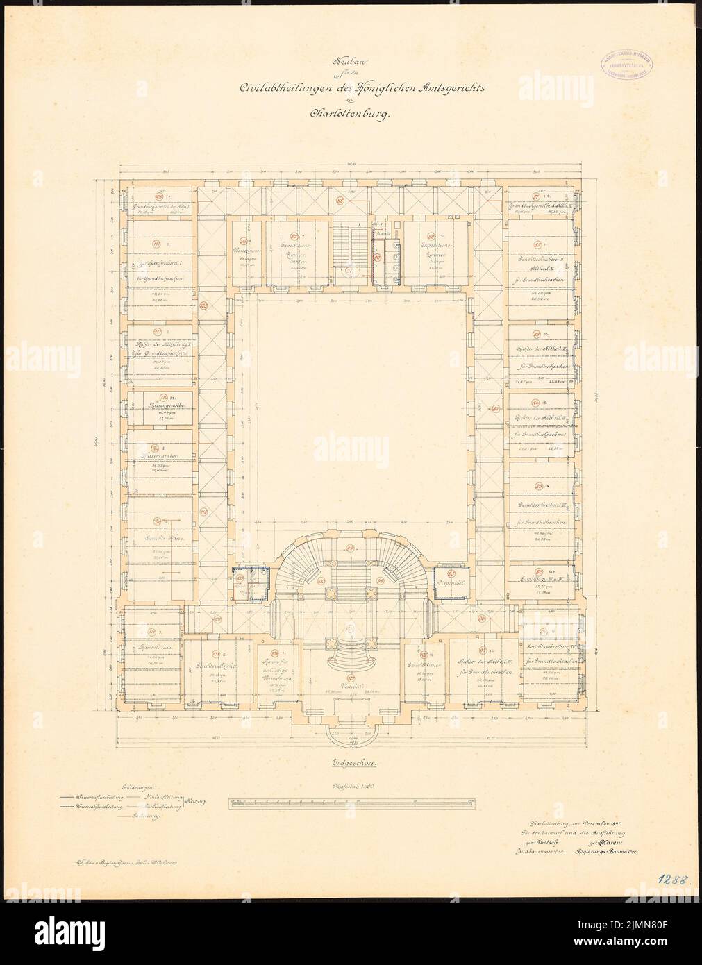Poetsch Otto (1848-1915), District Court Berlin-Charlottenburg. Civil departments (1895-1897): floor plan ground floor 1: 100. Lithograph, 78.4 x 61 cm (including scan edges) Stock Photo