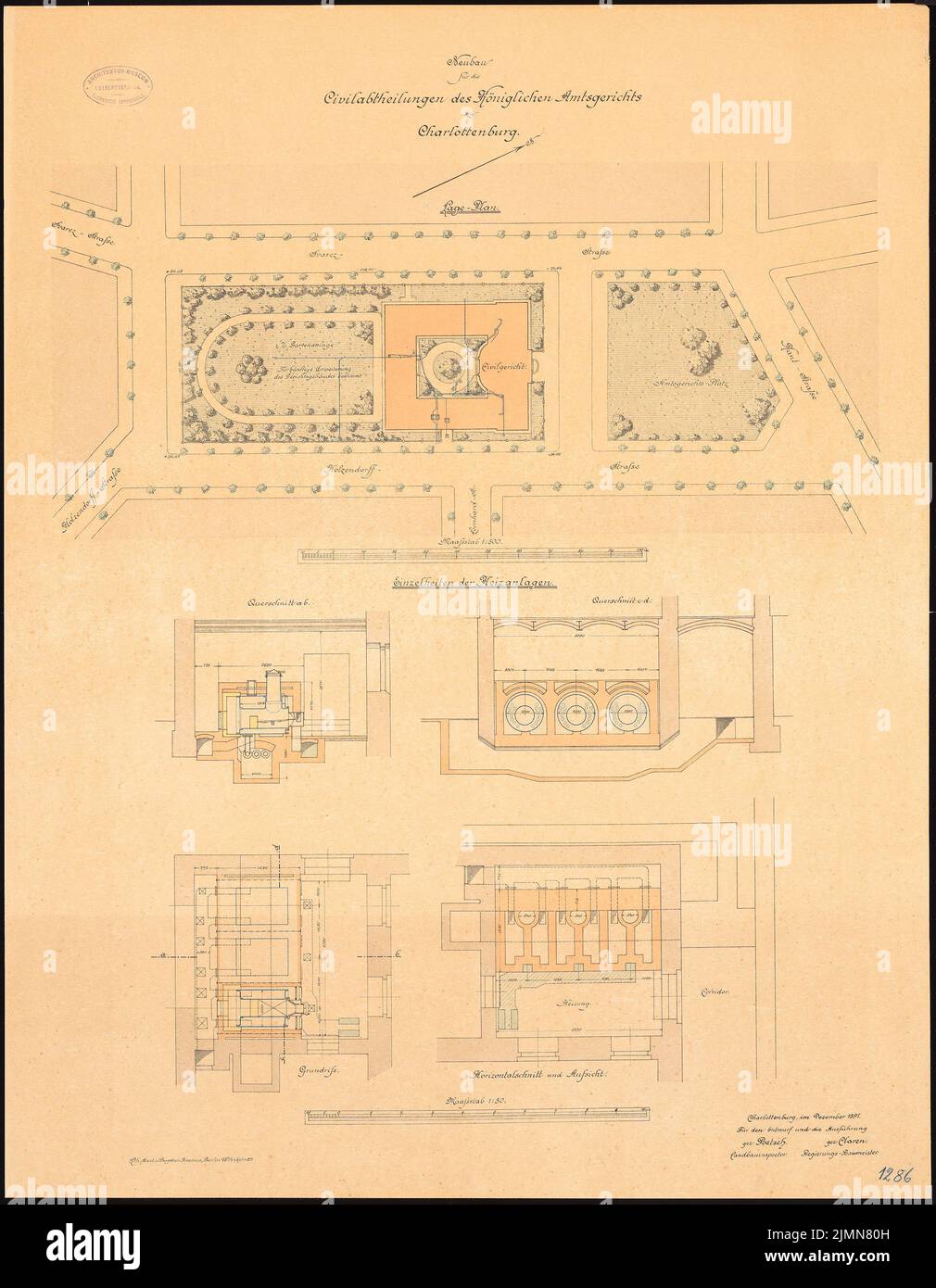Poetsch Otto (1848-1915), District Court Berlin-Charlottenburg. Civil departments (1895-1897): Department 1: 500, details of the heating systems: floor plan, supervision, cross-sections 1:50. Lithograph, 78.2 x 60.8 cm (including scan edges) Stock Photo