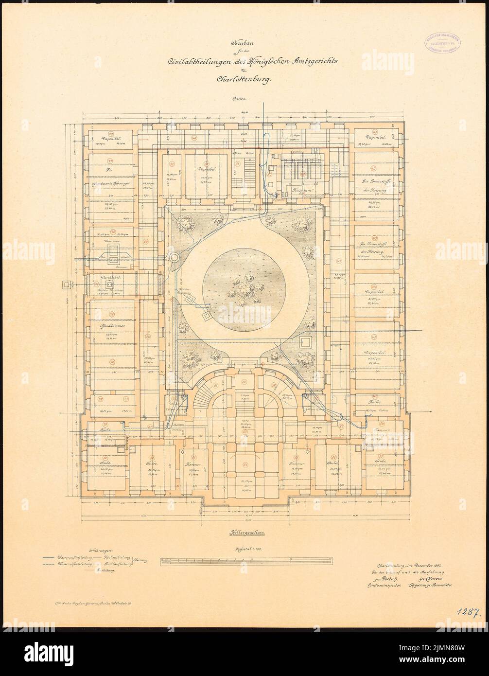 Poetsch Otto (1848-1915), District Court Berlin-Charlottenburg. Civil departments (1895-1897): floor plan basement 1: 100. Lithograph, 78.6 x 60.9 cm (including scan edges) Stock Photo