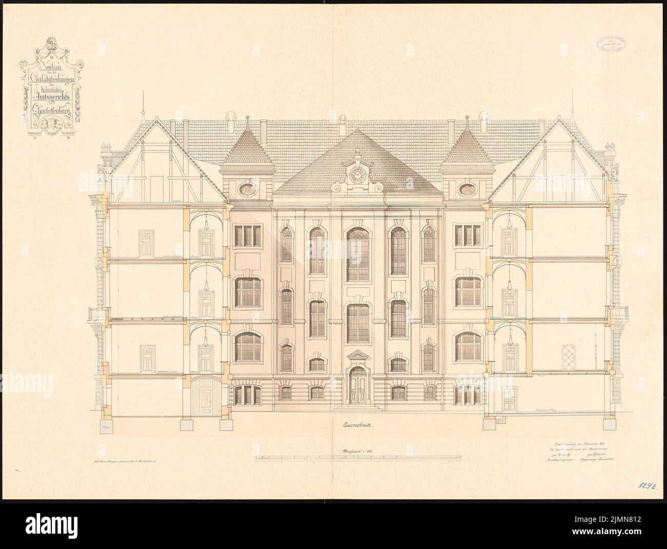 Poetsch Otto (1848-1915), District Court Berlin-Charlottenburg. Civil departments (1895-1897): cross-section 1:50. Lithograph, 78.9 x 104.6 cm (including scan edges) Stock Photo