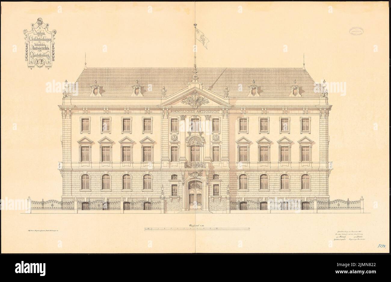 Poetsch Otto (1848-1915), District Court Berlin-Charlottenburg. Civil departments (1895-1897): View 1:50. Lithograph, 78.8 x 120.7 cm (including scan edges) Stock Photo