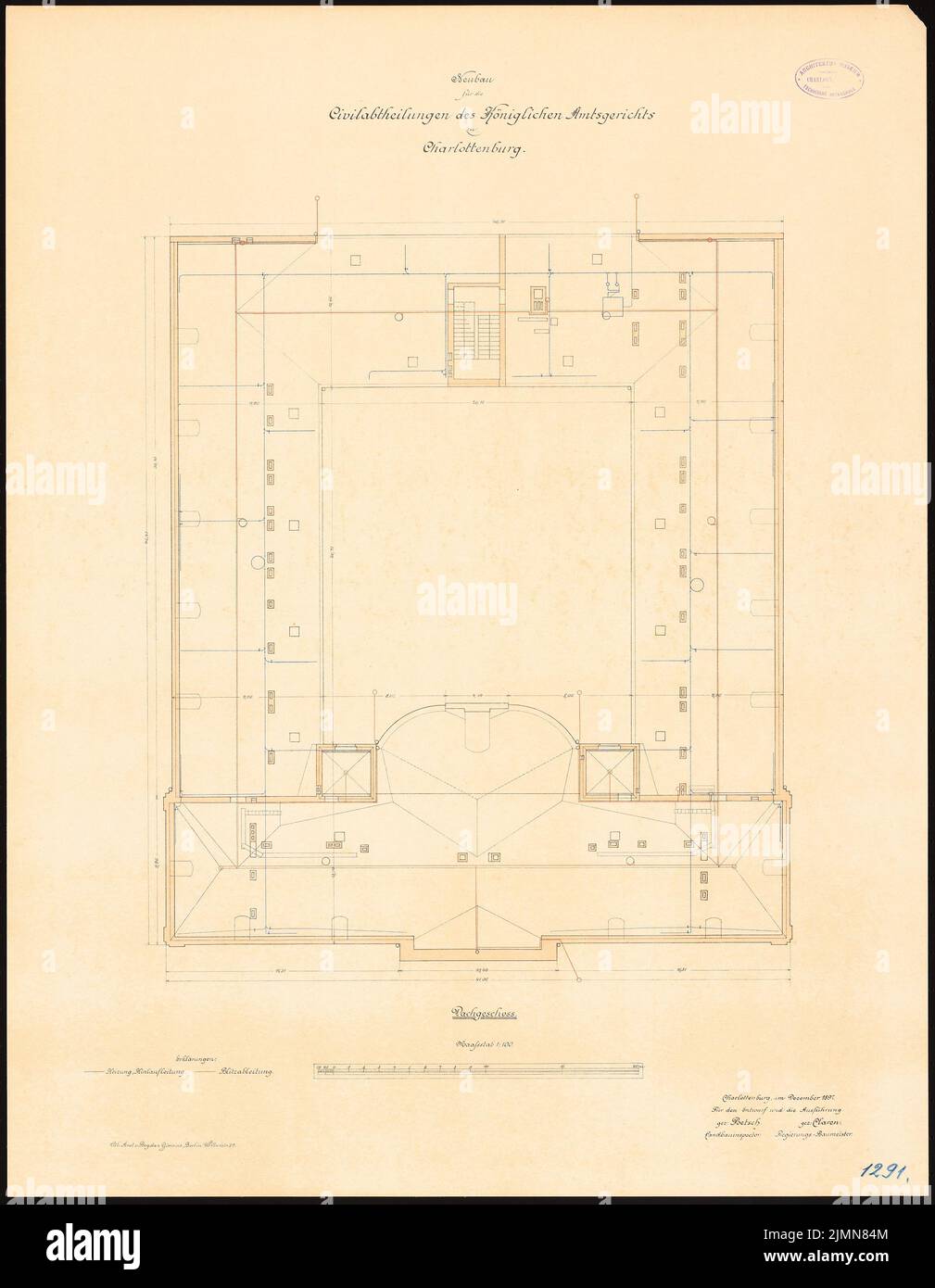 Poetsch Otto (1848-1915), District Court Berlin-Charlottenburg. Civil departments (1895-1897): floor plan top floor 1: 100. Lithograph, 78.6 x 61 cm (including scan edges) Stock Photo