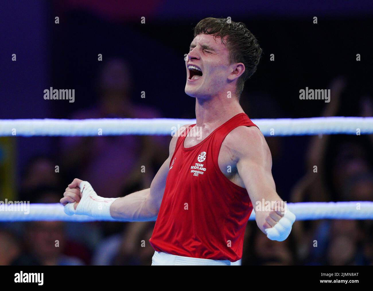Scotland's Sam Hickey (Red) after winning gold against Australia's Callum Peters in the Men's Middle (71-75kg) Final at The NEC on day ten of the 2022 Commonwealth Games in Birmingham. Picture date: Sunday August 7, 2022. Stock Photo