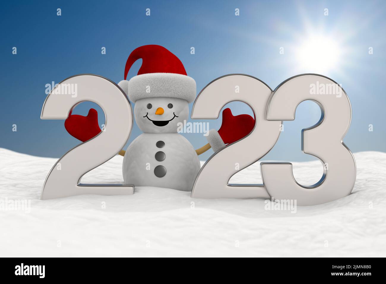 2023 new year. Snowman into snowdrift. 3D illustration Stock Photo
