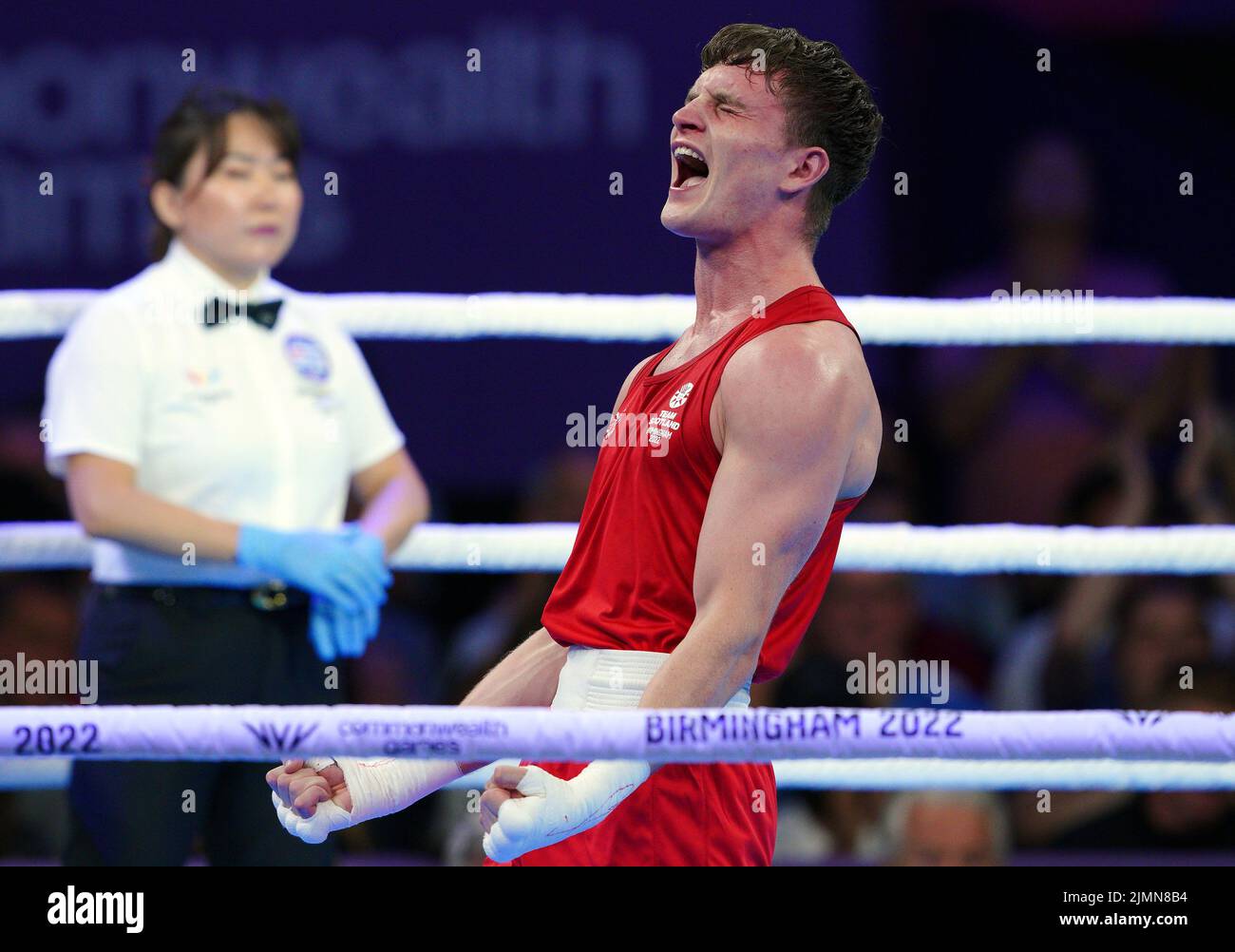 Scotland's Sam Hickey (Red) after winning gold against Australia's Callum Peters in the Men's Middle (71-75kg) Final at The NEC on day ten of the 2022 Commonwealth Games in Birmingham. Picture date: Sunday August 7, 2022. Stock Photo
