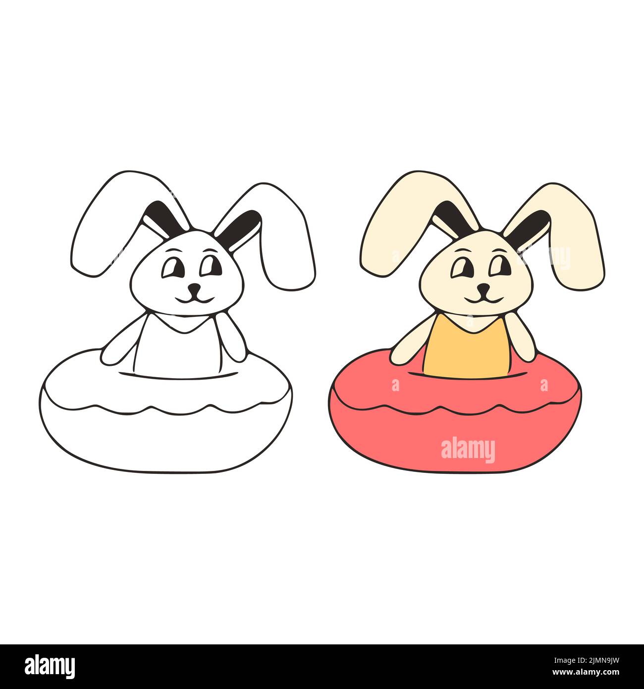 Funny rabbit and donut doodle icon. Cute pets vector art on white background. Stock Photo