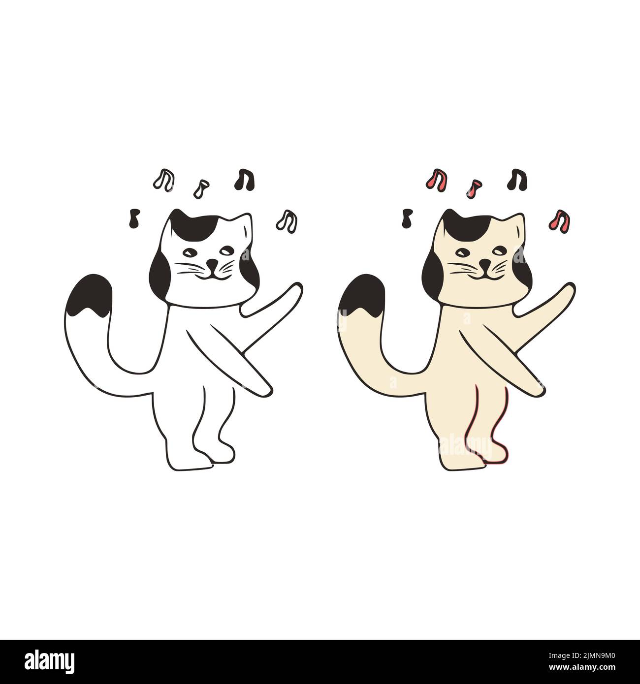 Funny cat dancing with the music doodle icon. Cute pets vector art on white background. Stock Photo