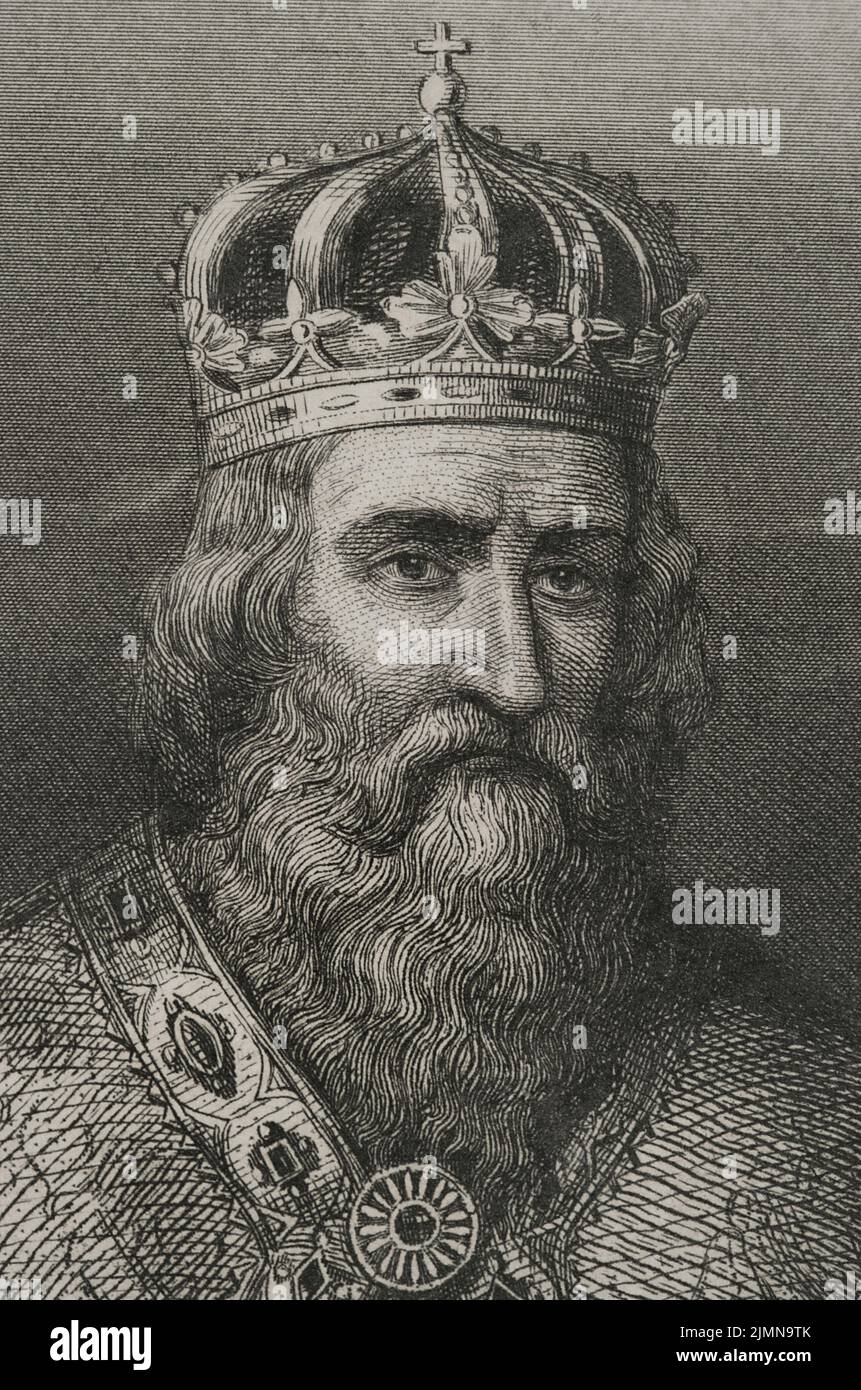 Charlemagne (742-814). King of the Franks (768-814), king of the Lombards (774-814), and emperor of the Holy Roman Empire (800-814). Portrait. Engraving. Detail. 'Historia Universal', by César Cantú. Volume III, 1855. Stock Photo
