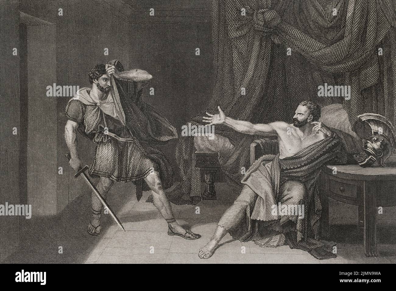 Gaius Marius (ca. 157 BC - 86 BC). Roman general and consul. Marius prisoner at Minturnae. It depicts the attempted execution of the consul Gaius Marius when he was captured in Minturnae. Engraving after a painting by Jean-Germain Drouais. 'Historia Universal', by César Cantú. Volume II, 1854. Stock Photo