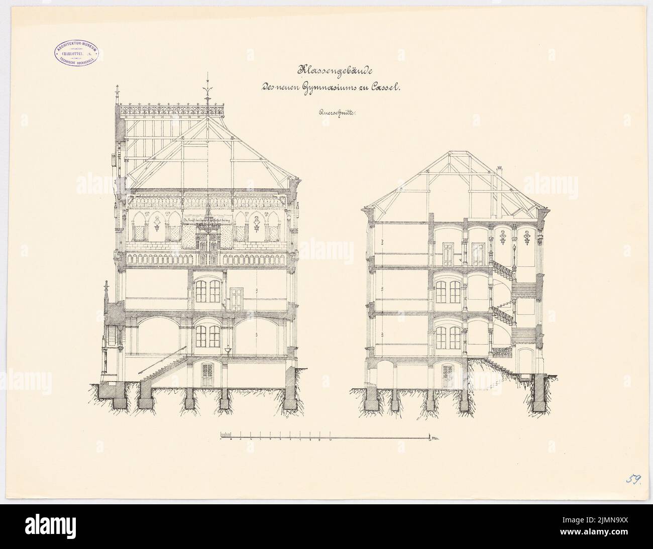 Unknown architect, high school, Kassel. Class building (approx. 1886): cross -sections 1: 100. Lithograph, 51 x 66.1 cm (including scan edges) Stock Photo