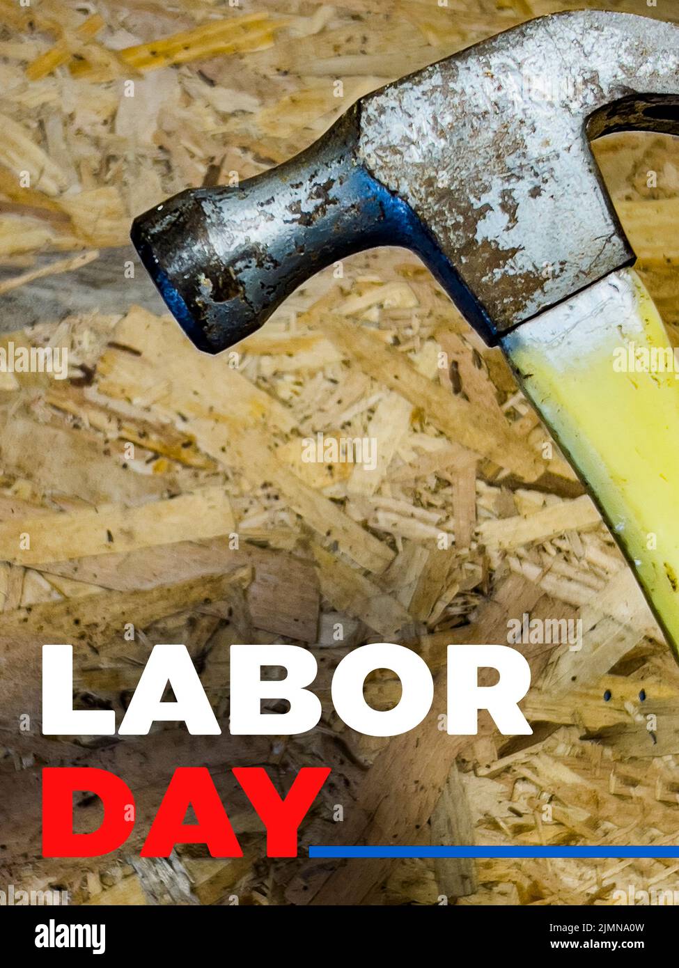 Happy Labor day text concept: Hammer construction tool on wooden background, with copy space. Design template. Vector illustration banner. 3D rendered Stock Photo
