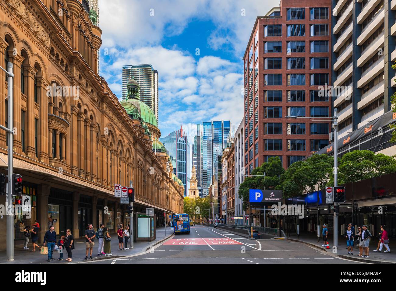Sydney, Australia - April 16, 2022: York street viewed towards South with the Sydney Queen Victoria Building on the left and modern skyscrapers can be Stock Photo