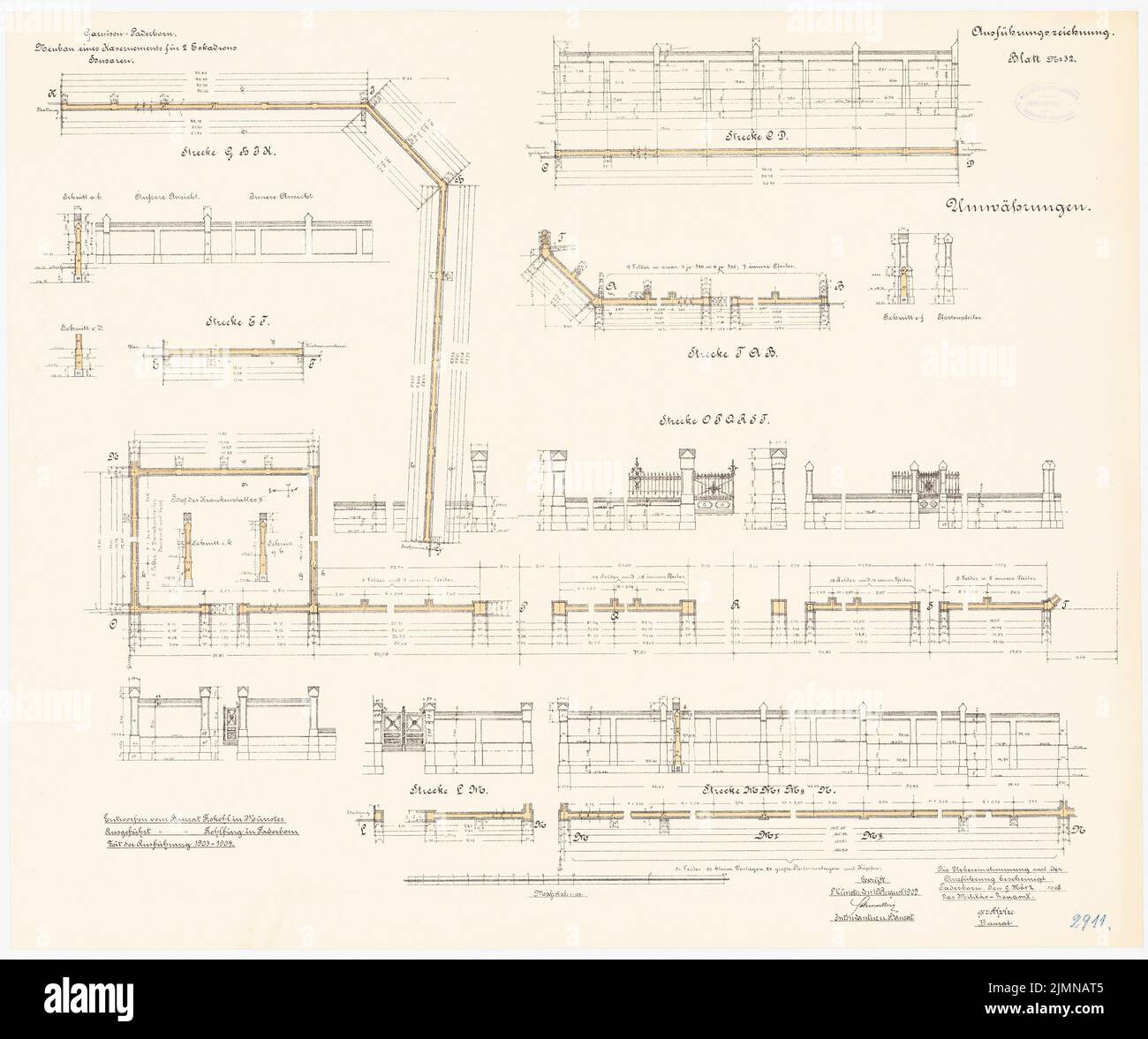 Raw cabbage, barracks for 2 escadrons hussars in Paderborn (1901-1904): Enter: floor plans, turms, cuts 1: 100. Lithograph, 63.7 x 76.1 cm (including scan edges) Stock Photo