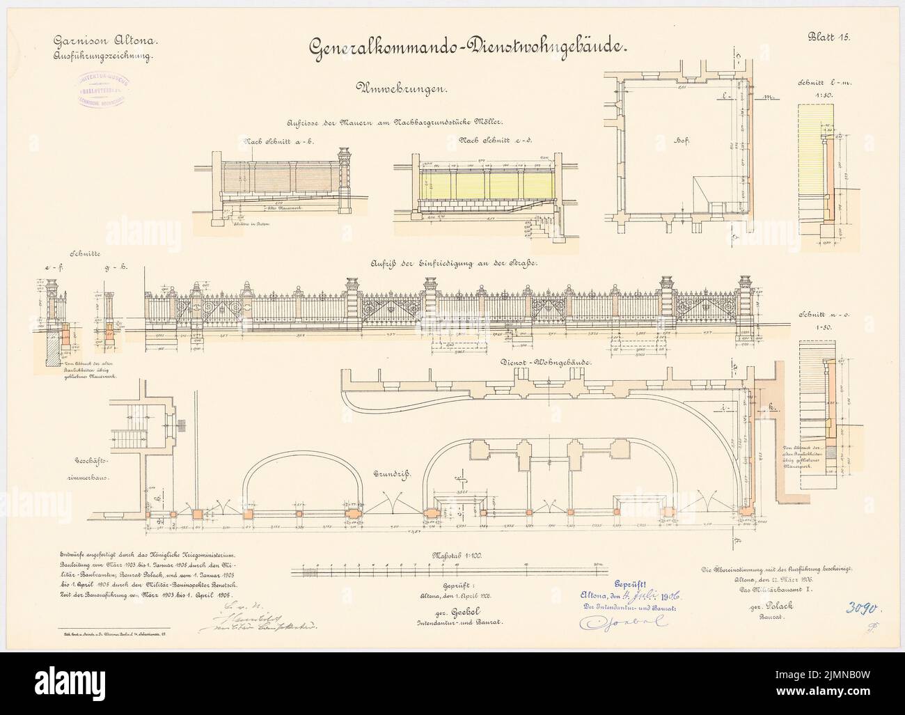 Pollack, garrison in Hamburg. Handling of the General Commandant (1903-1905): Environment in floor plans, torture, cuts 1: 100. Lithograph, 46.8 x 64.9 cm (including scan edges) Stock Photo