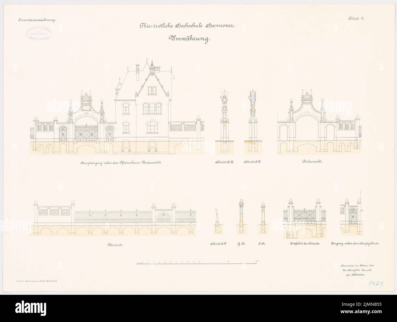 Unknown architect, veterinary university in Hanover (approx. 1900): Enter: Views, cuts 1: 100. Lithograph, 51.3 x 69.2 cm (including scan edges) Stock Photo