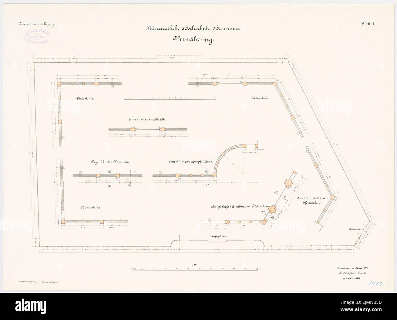 Unknown architect, veterinary university in Hanover (approx. 1900): Enter: Floor plan 1: 500. Lithograph, 51 x 69.2 cm (including scan edges) Stock Photo