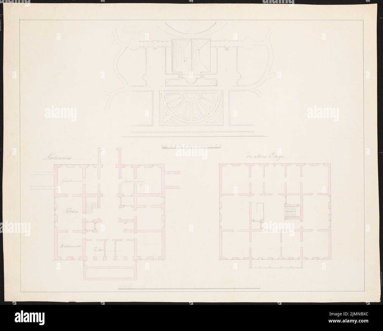Knoblauch Eduard (1801-1865), villa (between 1836 and 1848): Villa on approximately square floor plan, nine-axle fronts, site plan, floor plans. Tusche watercolor, 47.7 x 60 cm (including scan edges) Stock Photo