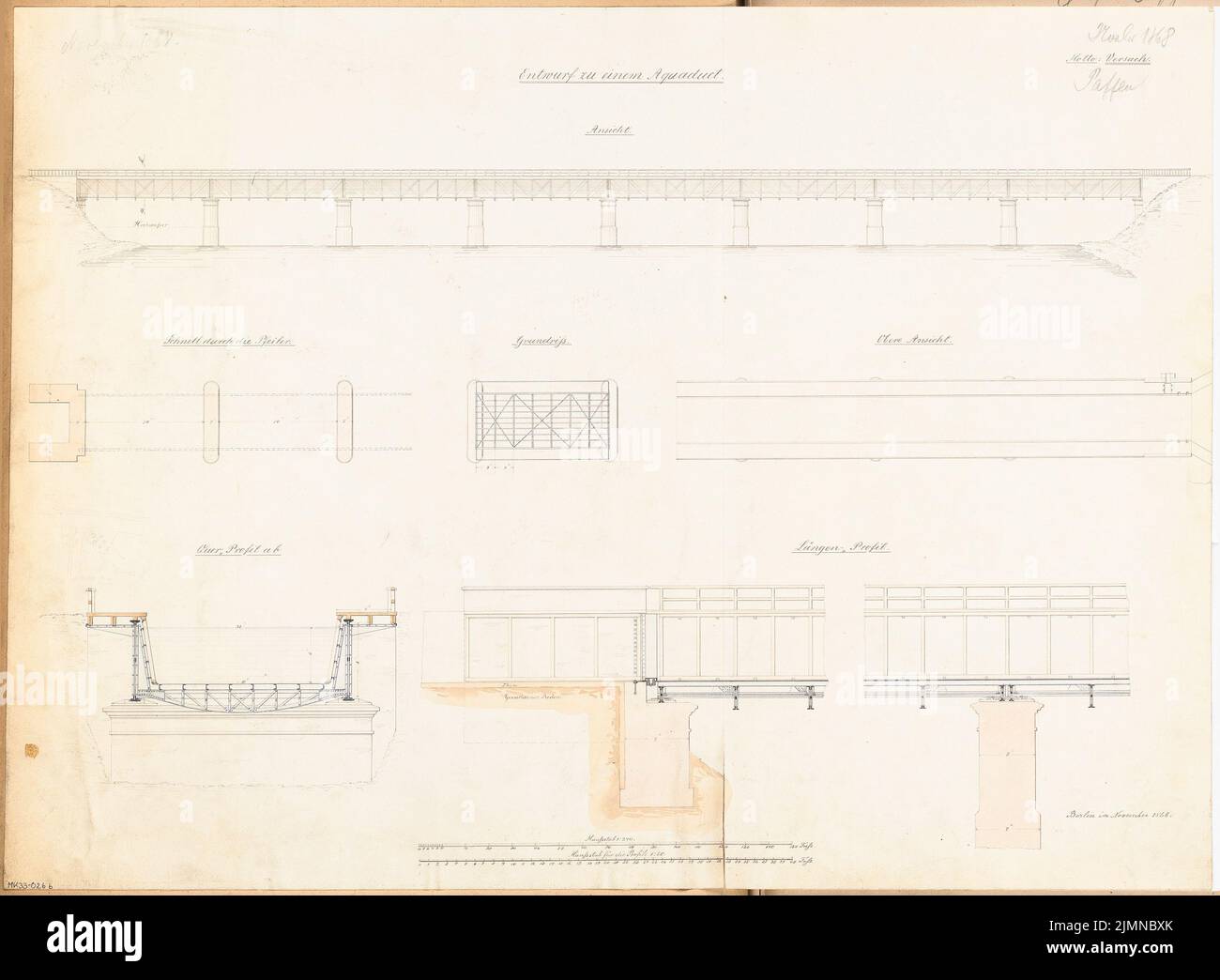Paffen Albert (born 1841), transfer of a canal via a river (aqueduct). Monthly competition November 1868 (11,1868): floor plans in three levels, outline side view, longitudinal section, cross -section; 1: 240, 1:60, 2 scale strips. Tusche watercolor on the box, 49.8 x 67.9 cm (including scan edges) Stock Photo