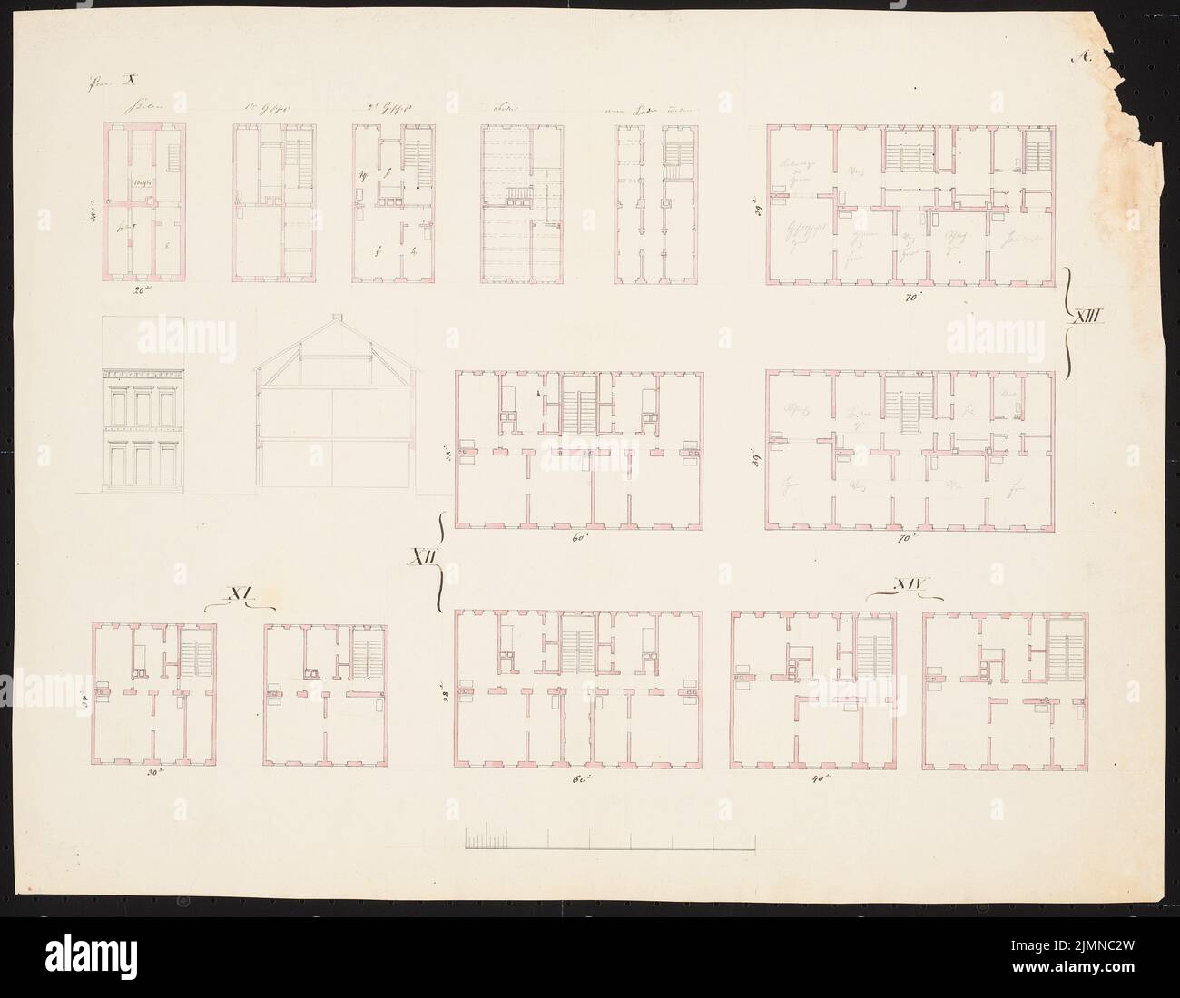 Knoblauch Eduard (1801-1865), floor plan (without date): floor plans without side wings, front view, cut. Tusche watercolor, 43.4 x 55.8 cm (including scan edges) Stock Photo