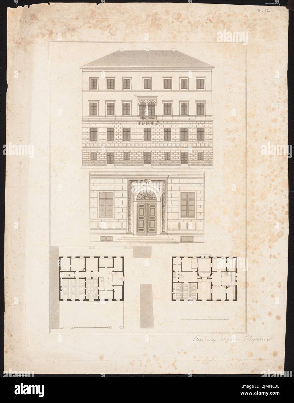 Knoblauch Eduard (1801-1865), four-storey urban residential building with a seven-axle road front (before 1848): front view, floor plan ground and upper floor. Print, 60.3 x 47.1 cm (including scan edges) Stock Photo