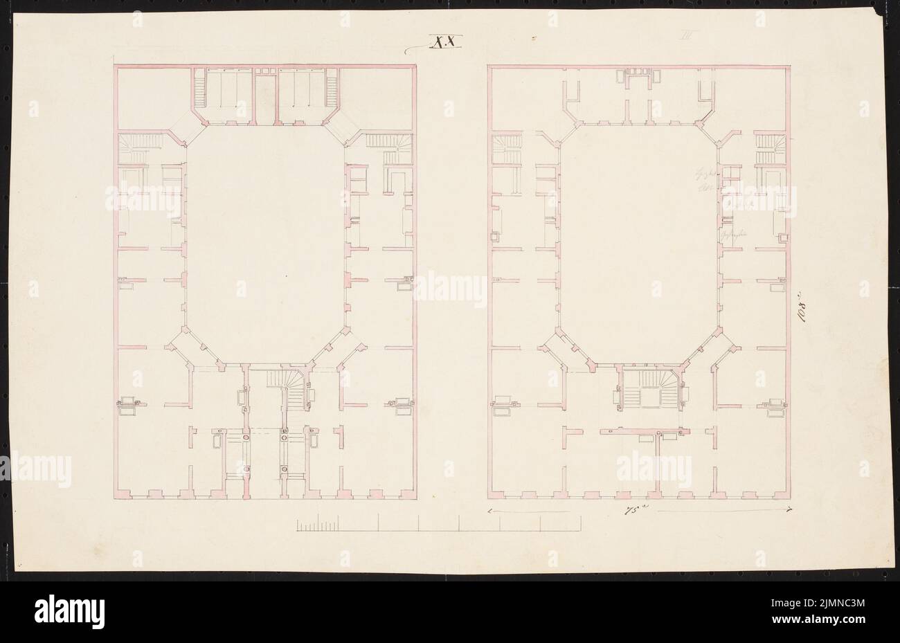 Knoblauch Eduard (1801-1865), floor plan (without date): floor plans with side wings and cross buildings around the octagonal courtyard. Tusche watercolor, 28.2 x 43.6 cm (including scan edges) Stock Photo
