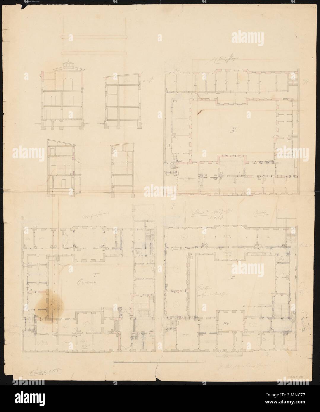 Knoblauch Eduard (1801-1865), Russian embassy, Berlin (1840-1841): floor plan 1st-3rd floor with the cross sections of all wings located around the first courtyard; [Verso] Details of a pillar. Tusche watercolor on paper, supplemented with pencil, 72.6 x 60.3 cm (including scan edges) Stock Photo