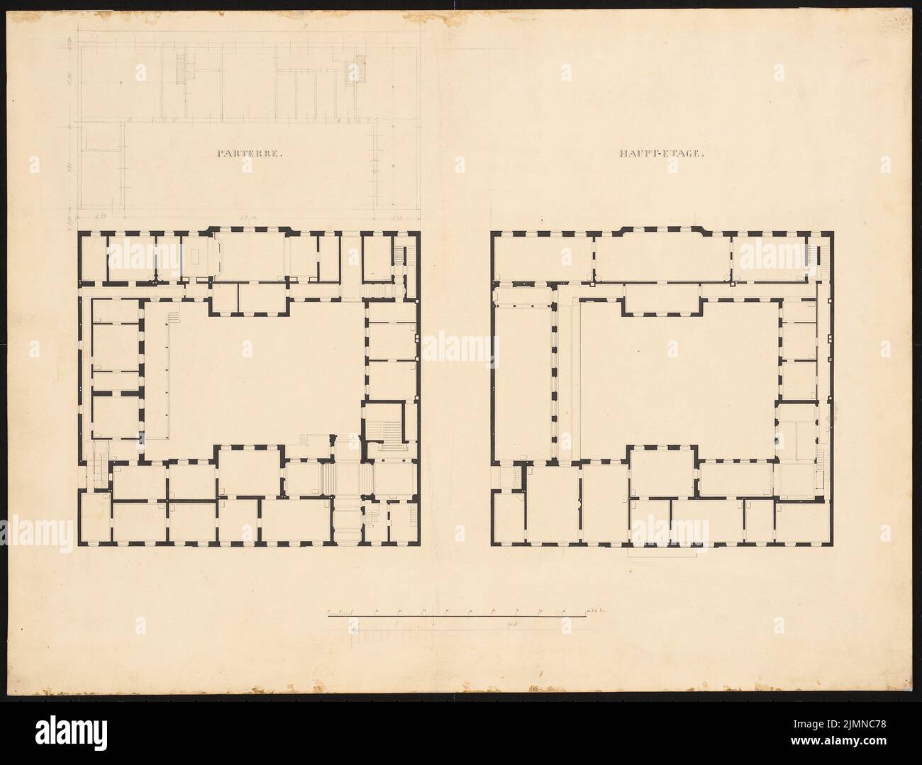 Knoblauch Eduard (1801-1865), Russian embassy, Berlin (1840-1841): floor plan 1st and 2nd floor with a written name, scale bar, sketch on the building wing in the 2nd courtyard. Ink on cardboard, supplemented with pencil, 39.1 x 51.4 cm (including scan edges) Stock Photo